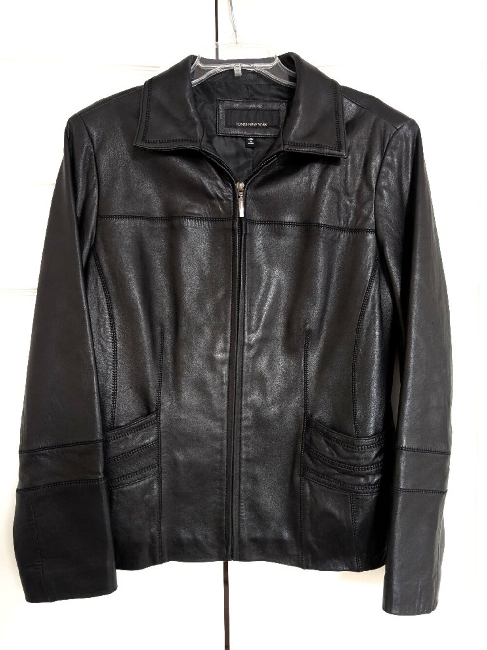 Jones New York Womens L Black Genuine Leather Zip Jacket Whipstitch Soft Y2K